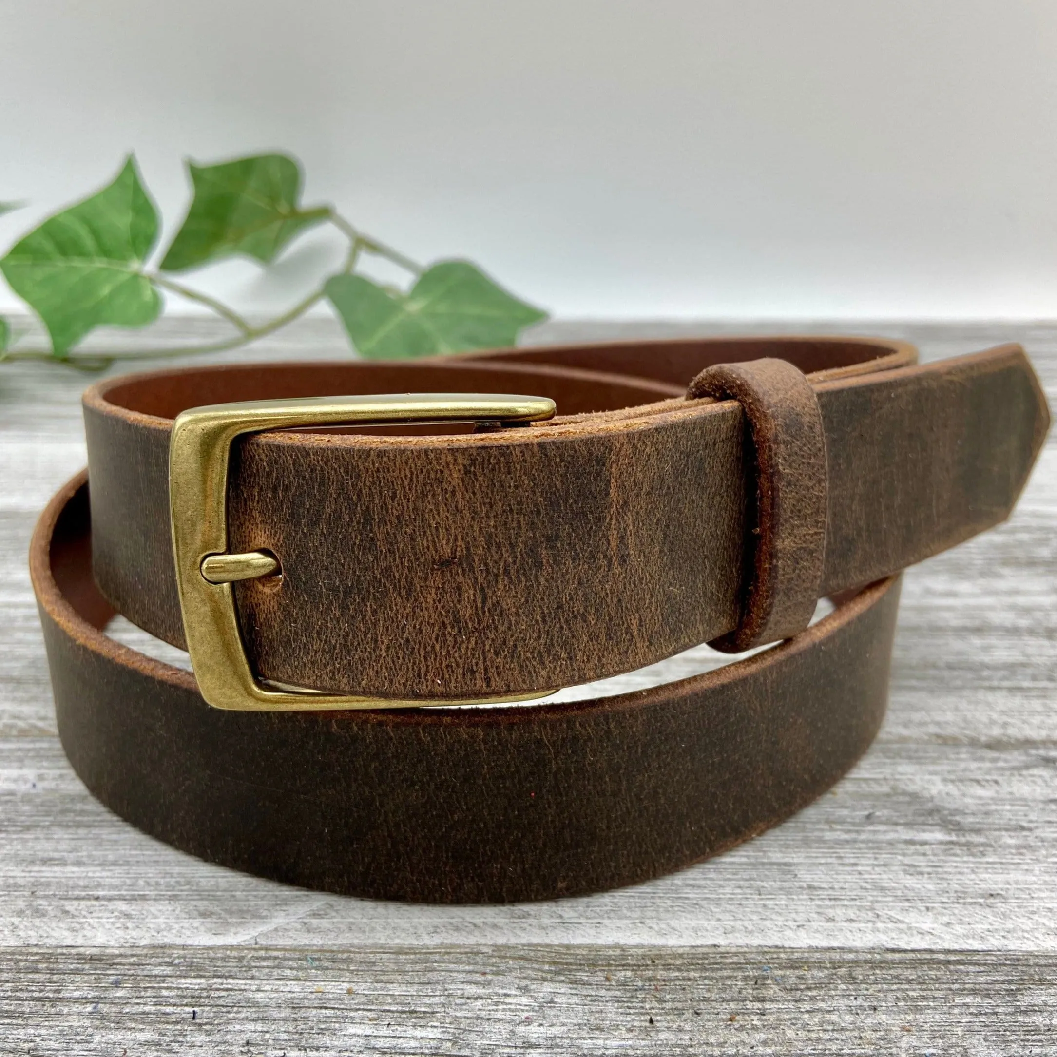 1 1/4” Crazy Horse Brown Leather Belt – Vintage Style, Durable & Handmade in USA
