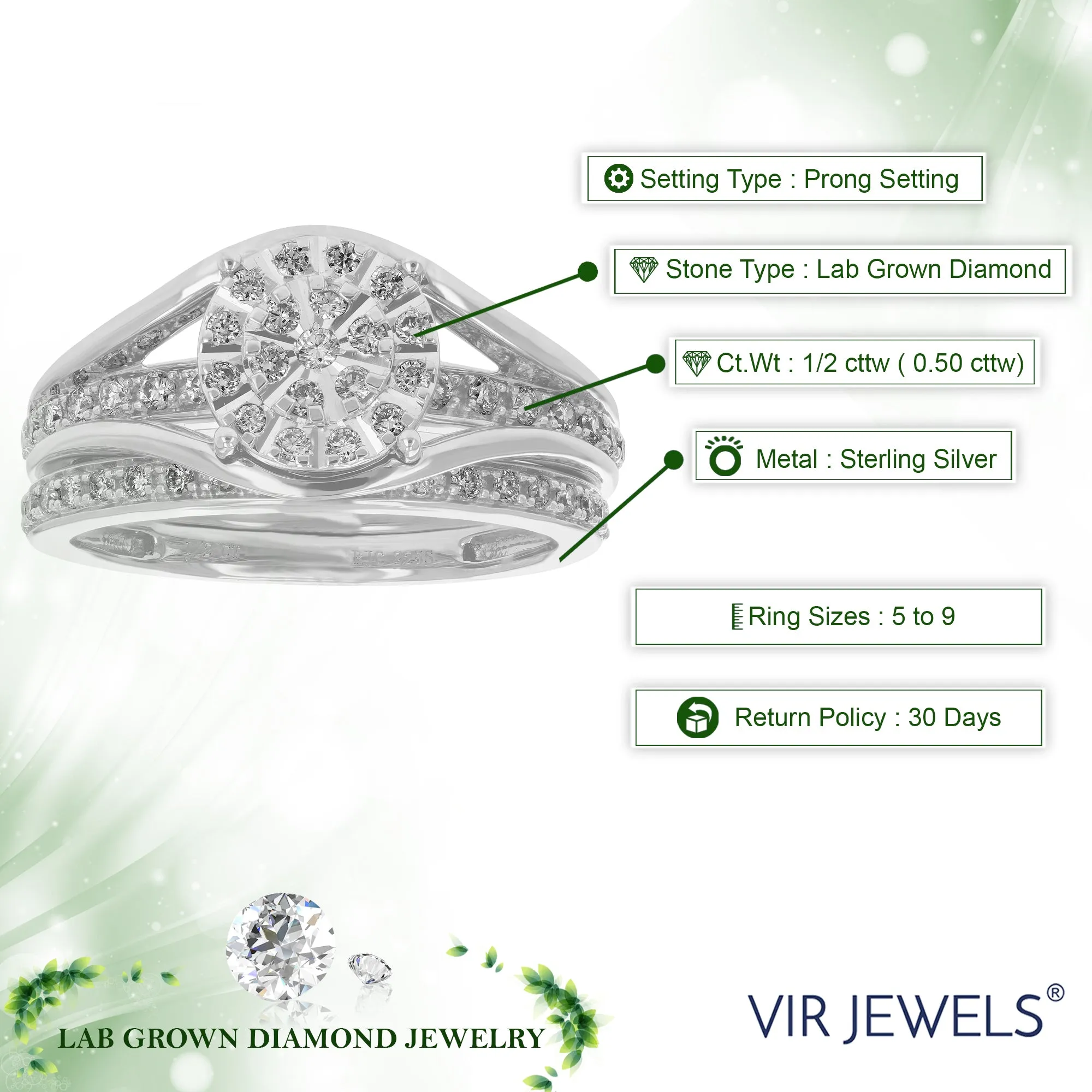 1/2 cttw Lab Grown Diamond Cluster Bridal Set in Sterling Silver