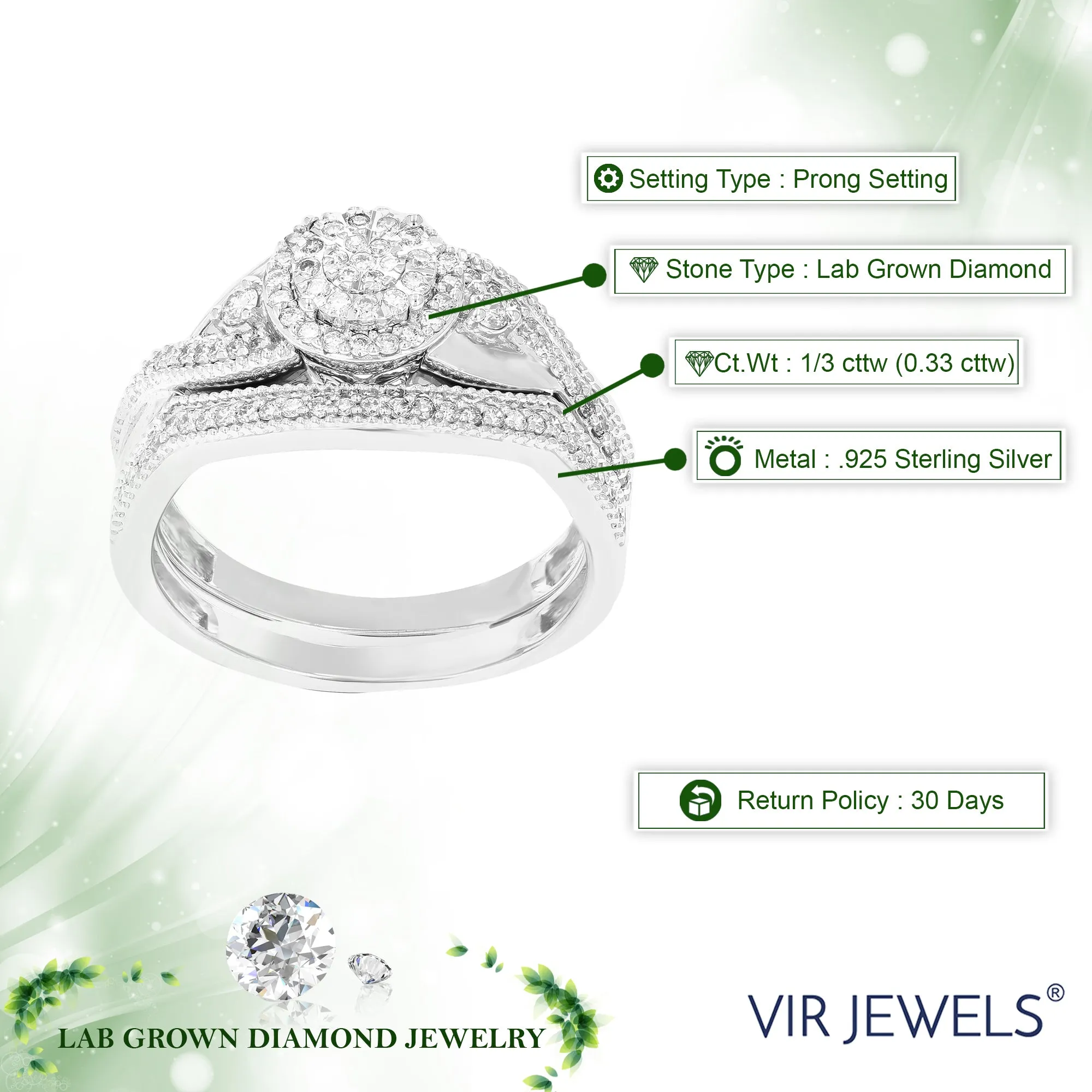 1/3 cttw Lab Grown Diamond Vintage Bridal Ring Set in Silver