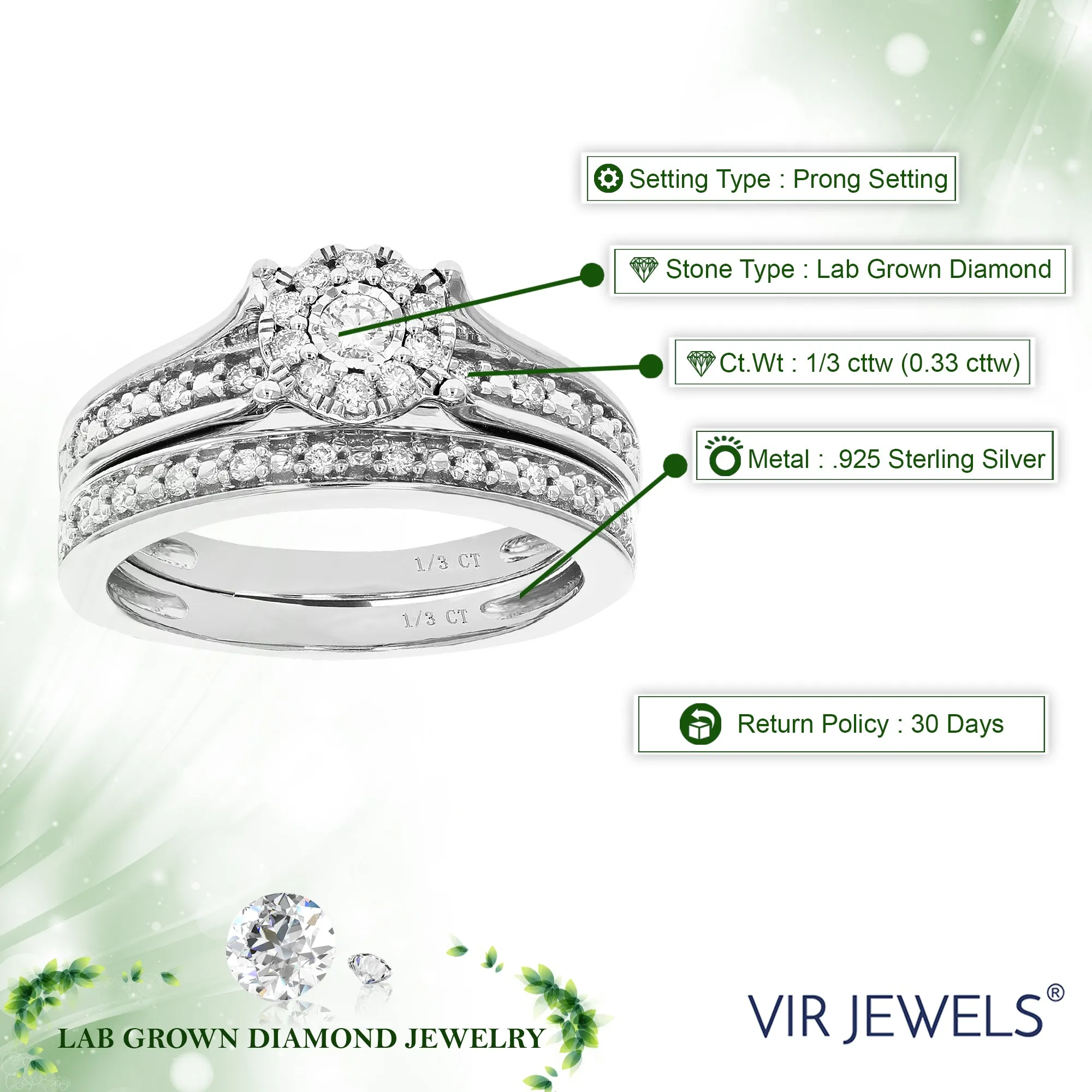 1/3 cttw Lab Grown Diamond Wedding Bridal Set in Sterling Silver