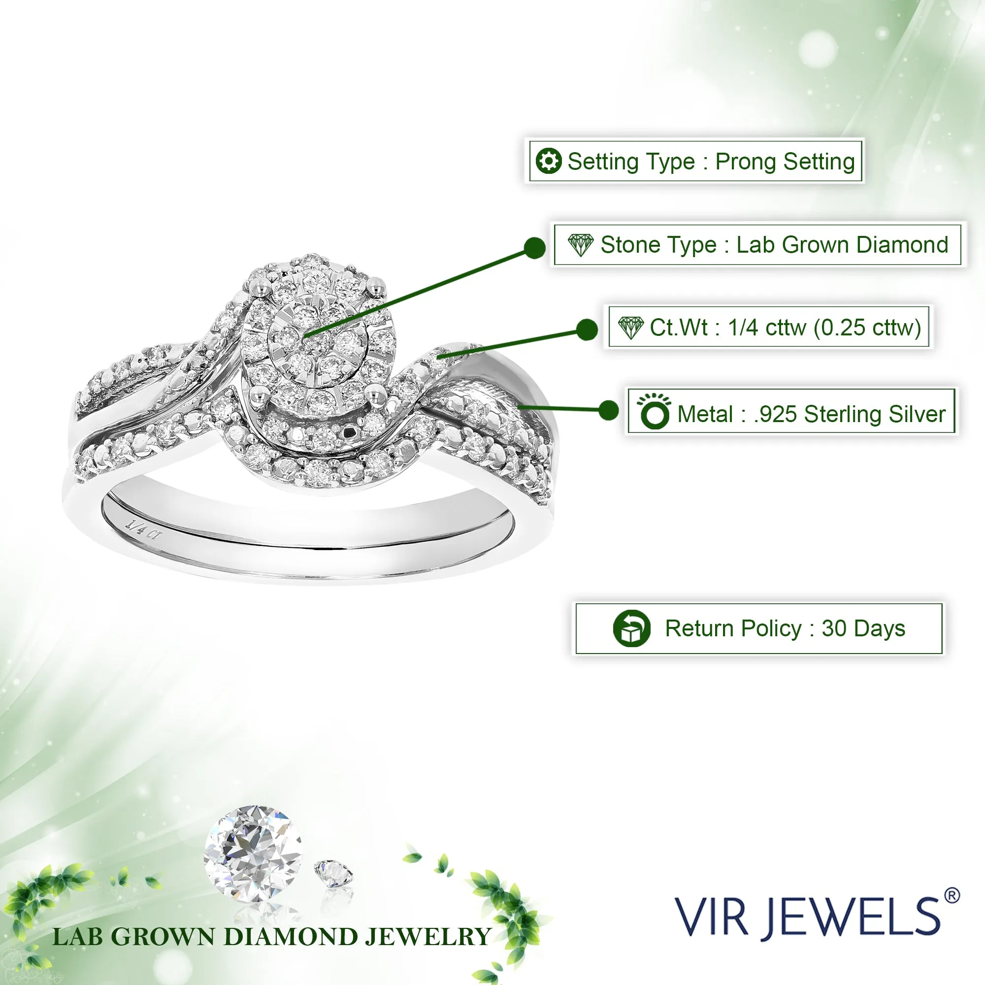 1/4 cttw Lab Grown Diamond Infinity Halo Bridal Ring Set Silver
