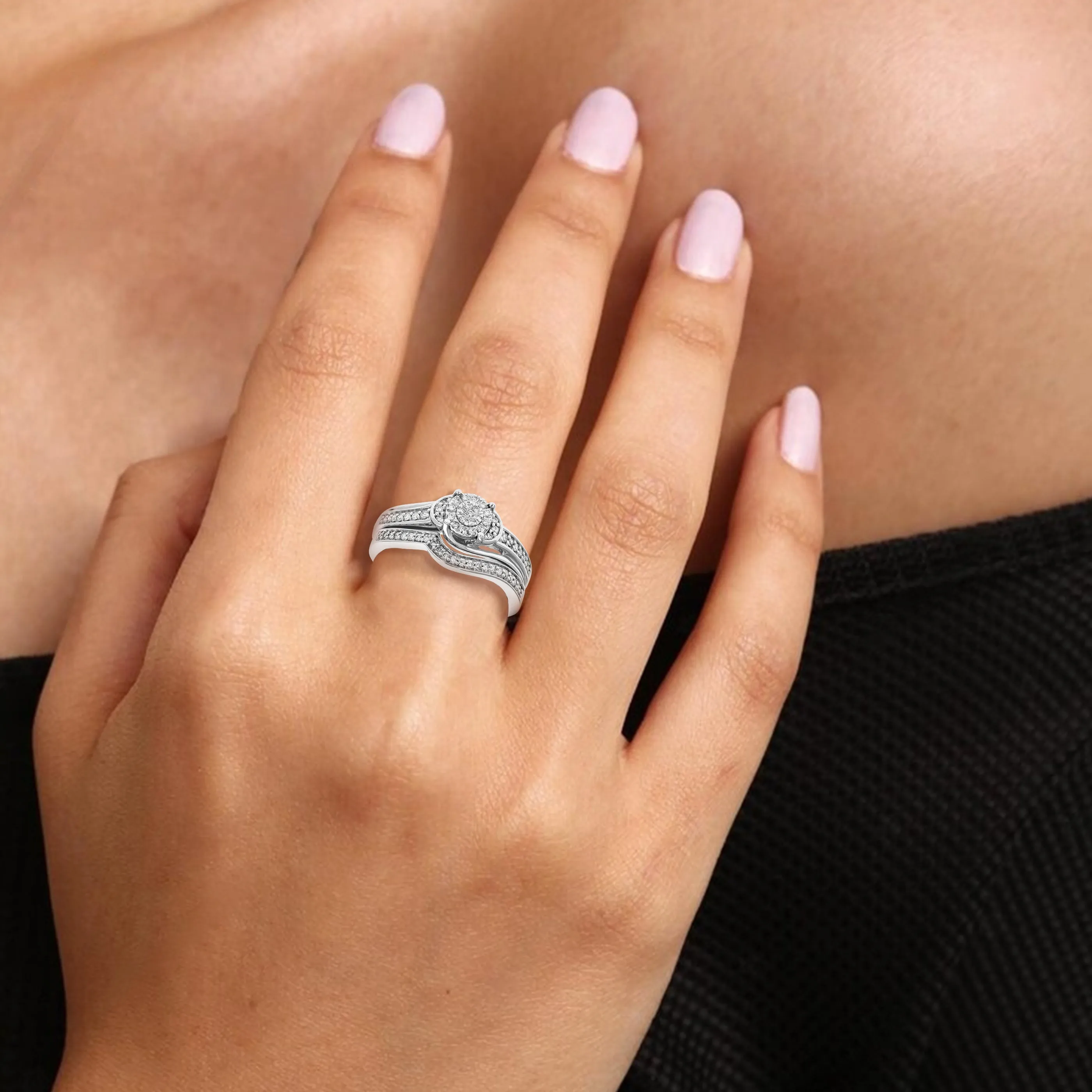 1/4 cttw Lab Grown Diamond Swirl Bridal Ring Set Sterling Silver