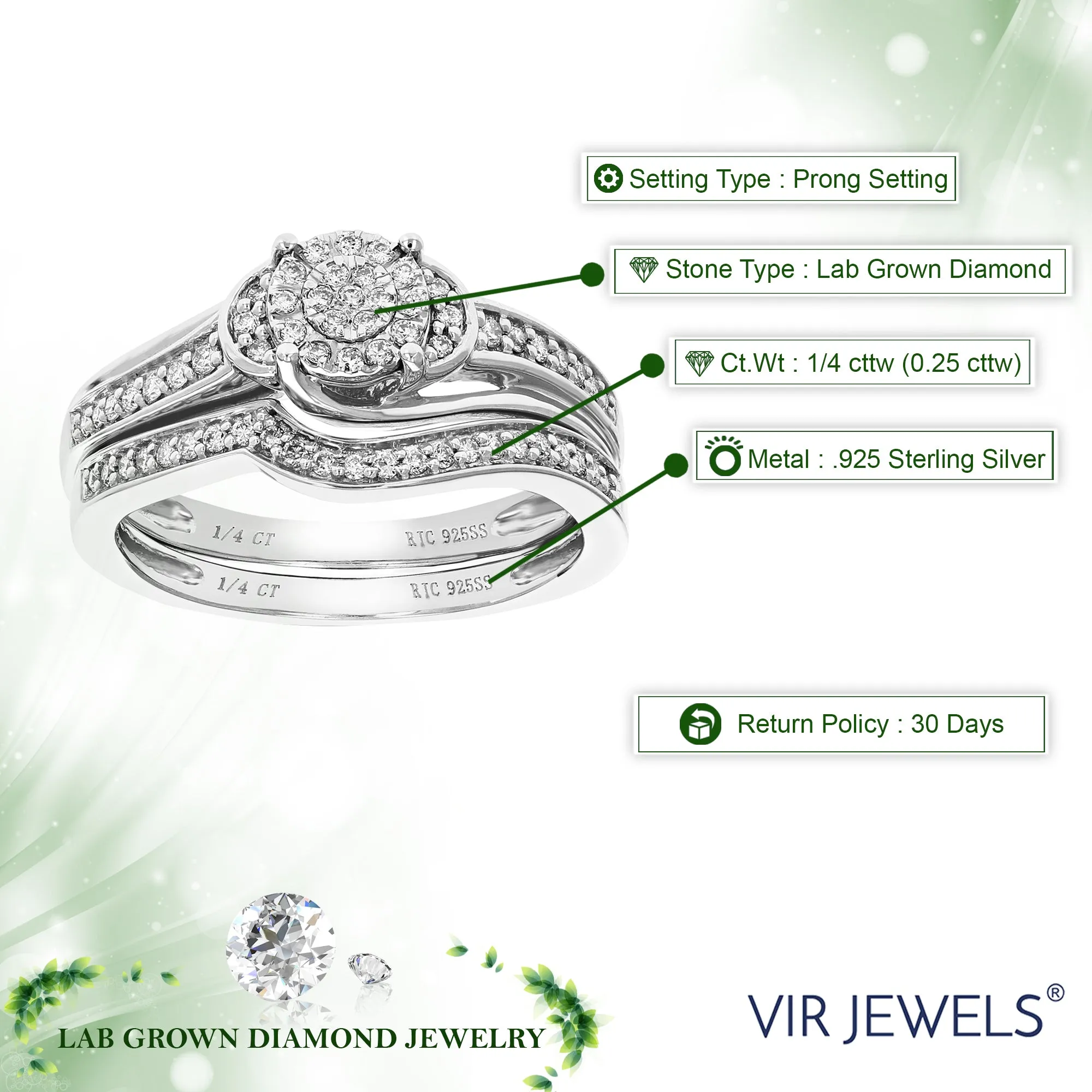 1/4 cttw Lab Grown Diamond Swirl Bridal Ring Set Sterling Silver