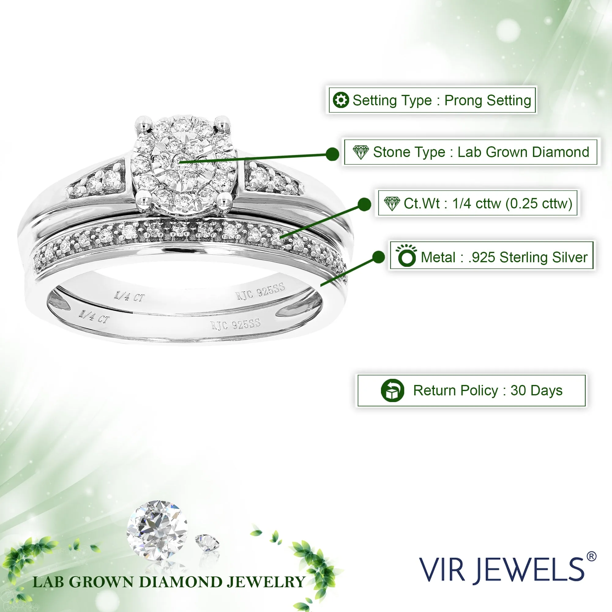 1/4 cttw Lab Grown Diamond Wedding Bridal Ring Set in Silver
