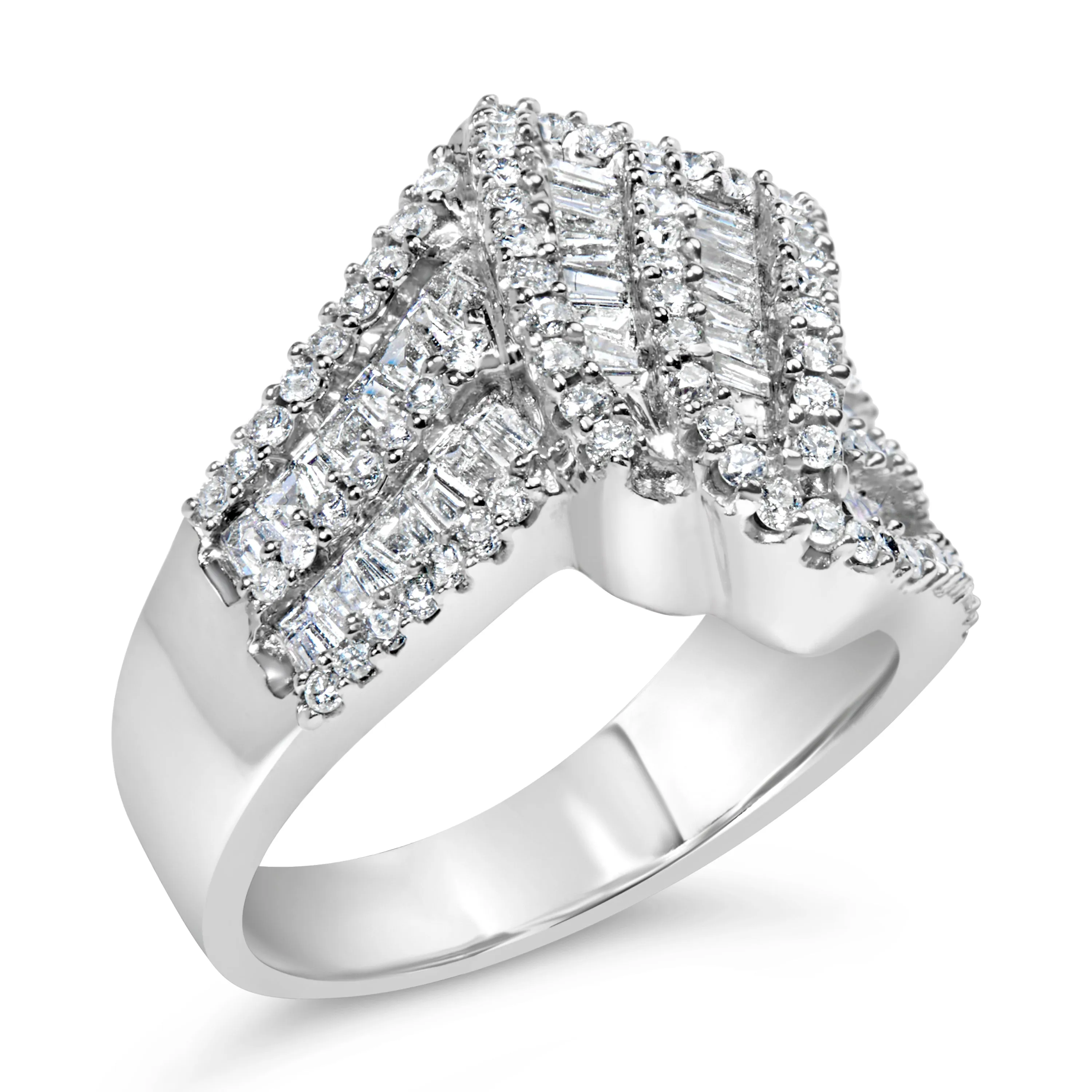 14K White Gold 1-1/2 Cttw Round and Baguette Diamond Bypass Cocktail Ring Band