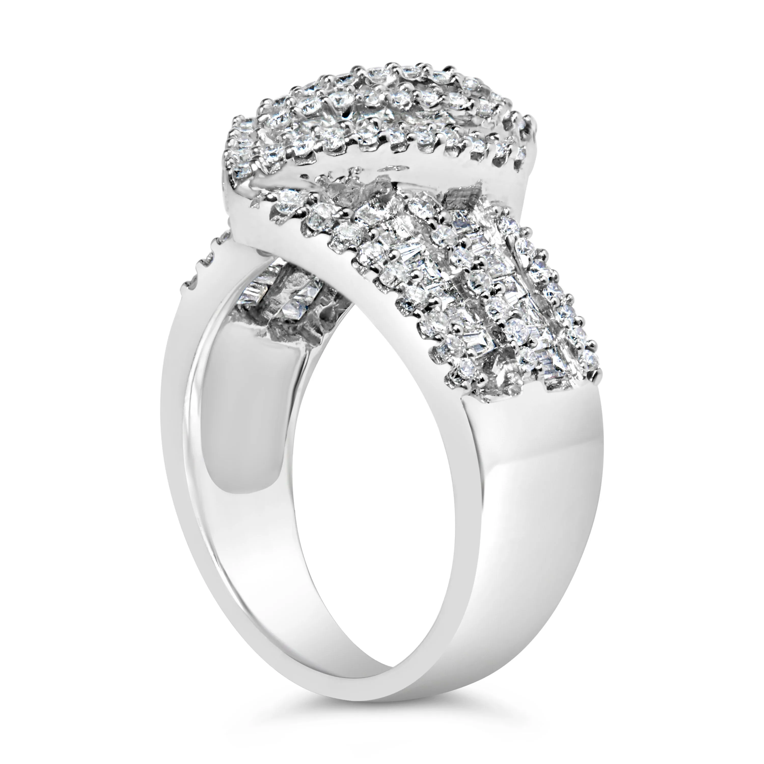 14K White Gold 1-1/2 Cttw Round and Baguette Diamond Bypass Cocktail Ring Band