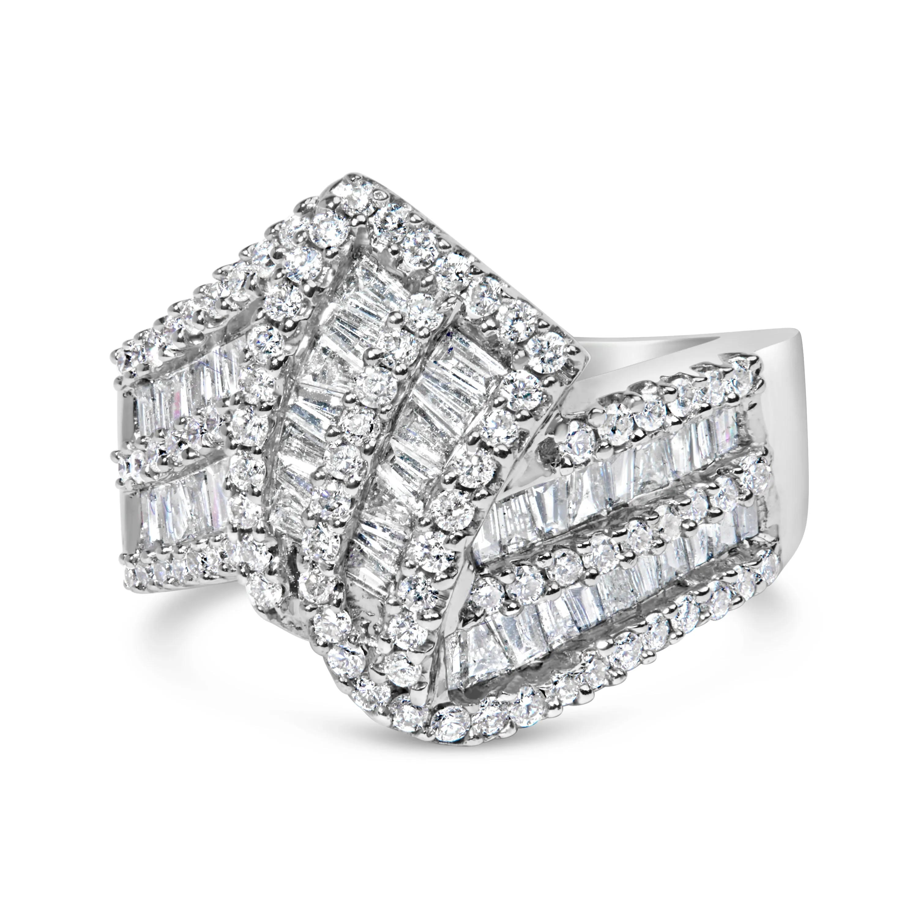 14K White Gold 1-1/2 Cttw Round and Baguette Diamond Bypass Cocktail Ring Band