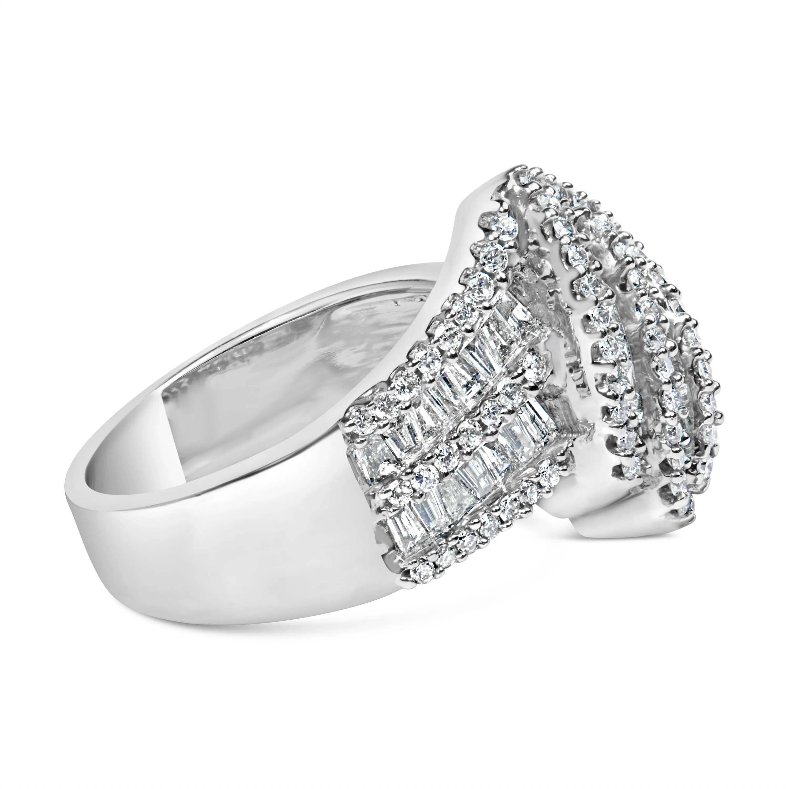 14K White Gold 1-1/2 Cttw Round and Baguette Diamond Bypass Cocktail Ring Band