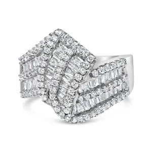 14K White Gold 1-1/2 Cttw Round and Baguette Diamond Bypass Cocktail Ring Band