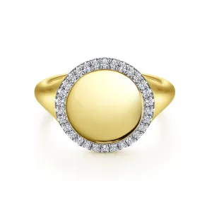 14K Yellow Gold Signet Ring with Diamond Halo