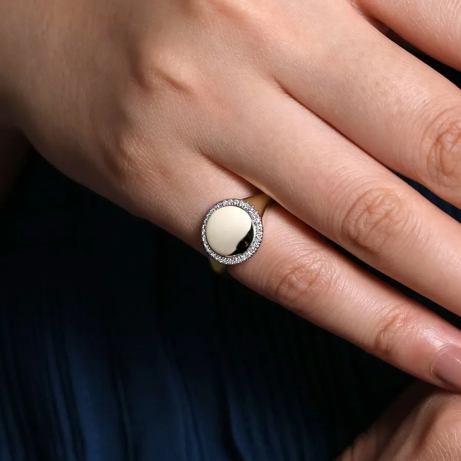 14K Yellow Gold Signet Ring with Diamond Halo