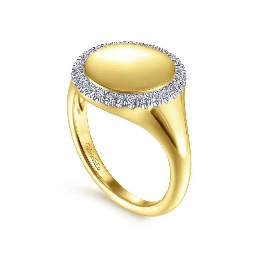 14K Yellow Gold Signet Ring with Diamond Halo