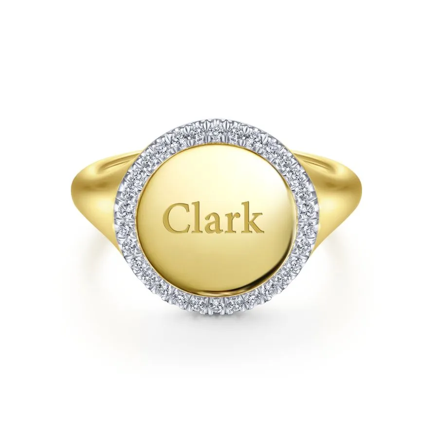 14K Yellow Gold Signet Ring with Diamond Halo