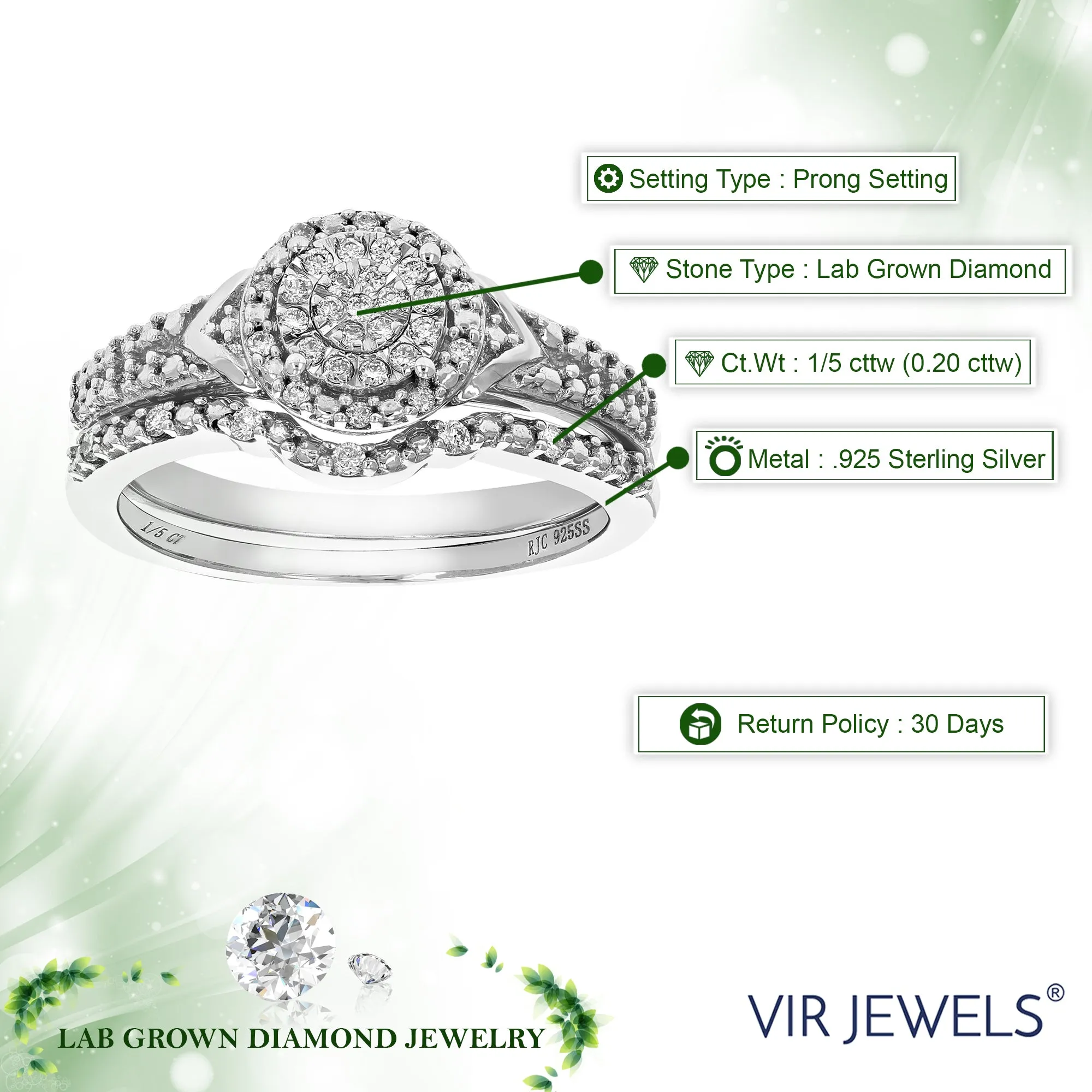 1/5 cttw Lab Grown Diamond Composite Bridal Ring Set in Sterling Silver