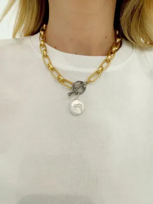 16" Oval Rolo Necklace With Disc Pearl - Gold/White