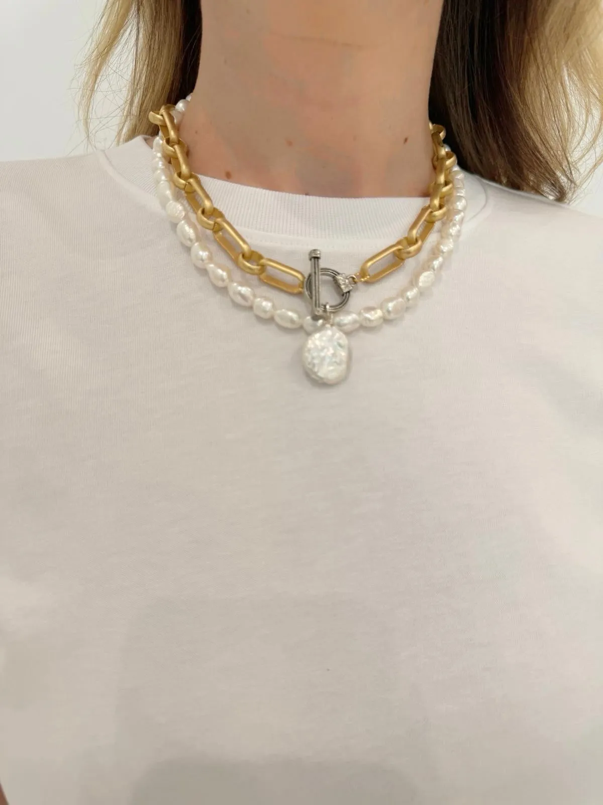 16" Oval Rolo Necklace With Disc Pearl - Gold/White