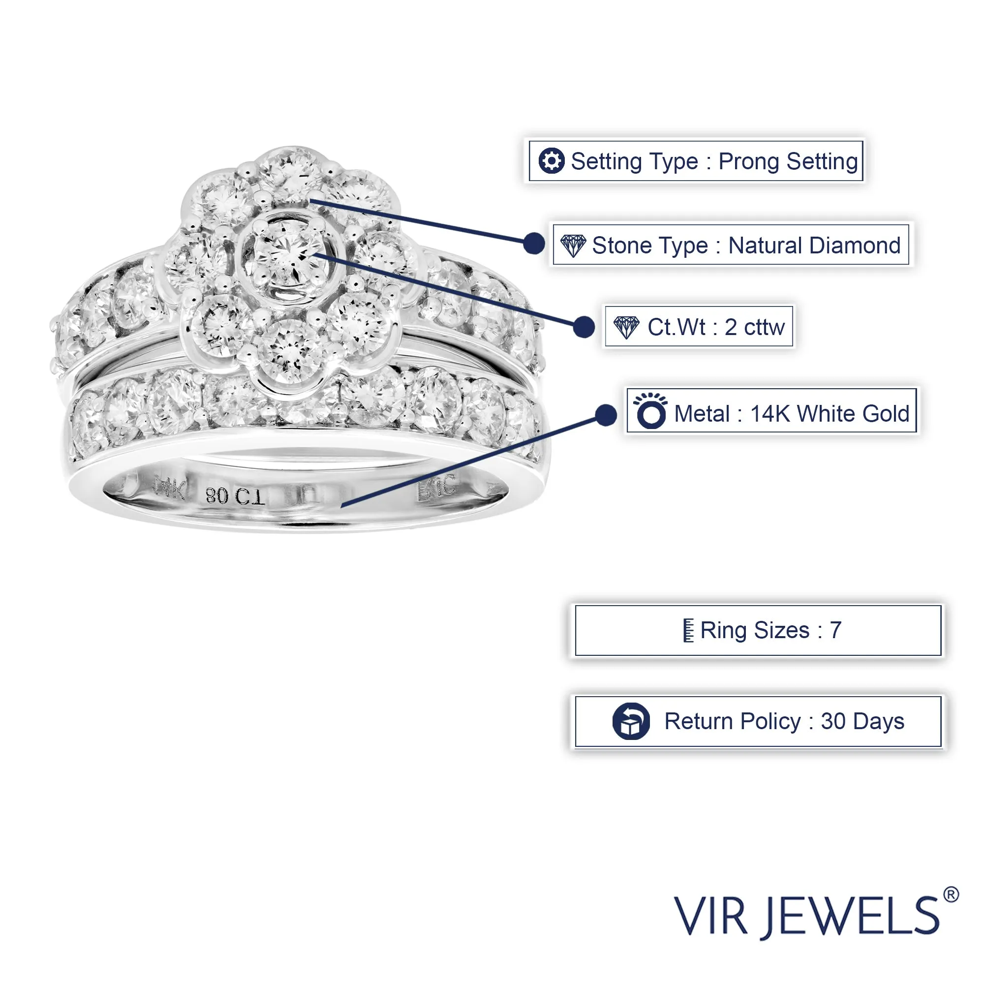 2 cttw Diamond Wedding Bridal Ring Set in 14K White Gold