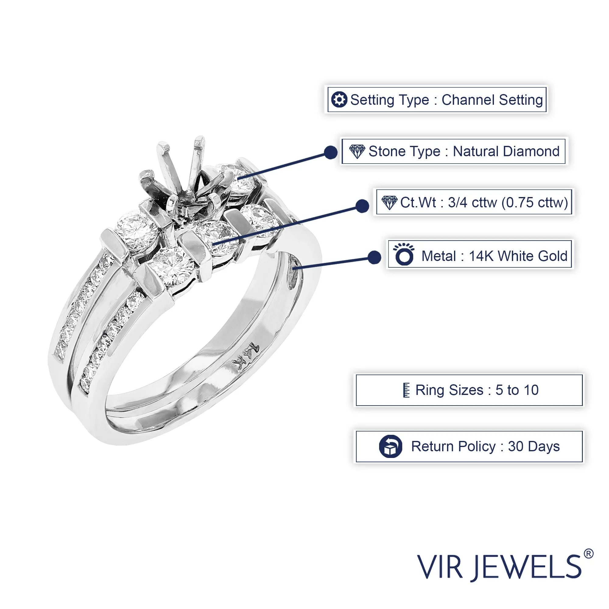 3/4 cttw Diamond Semi Mount Bridal Set in 14K White Gold