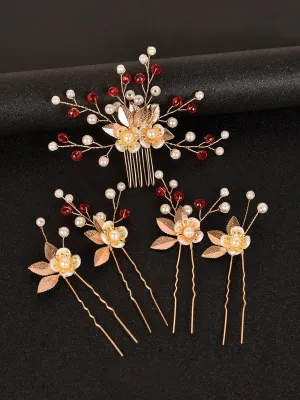 5pcs Gold Leaf Flower Pearl Hair Forks