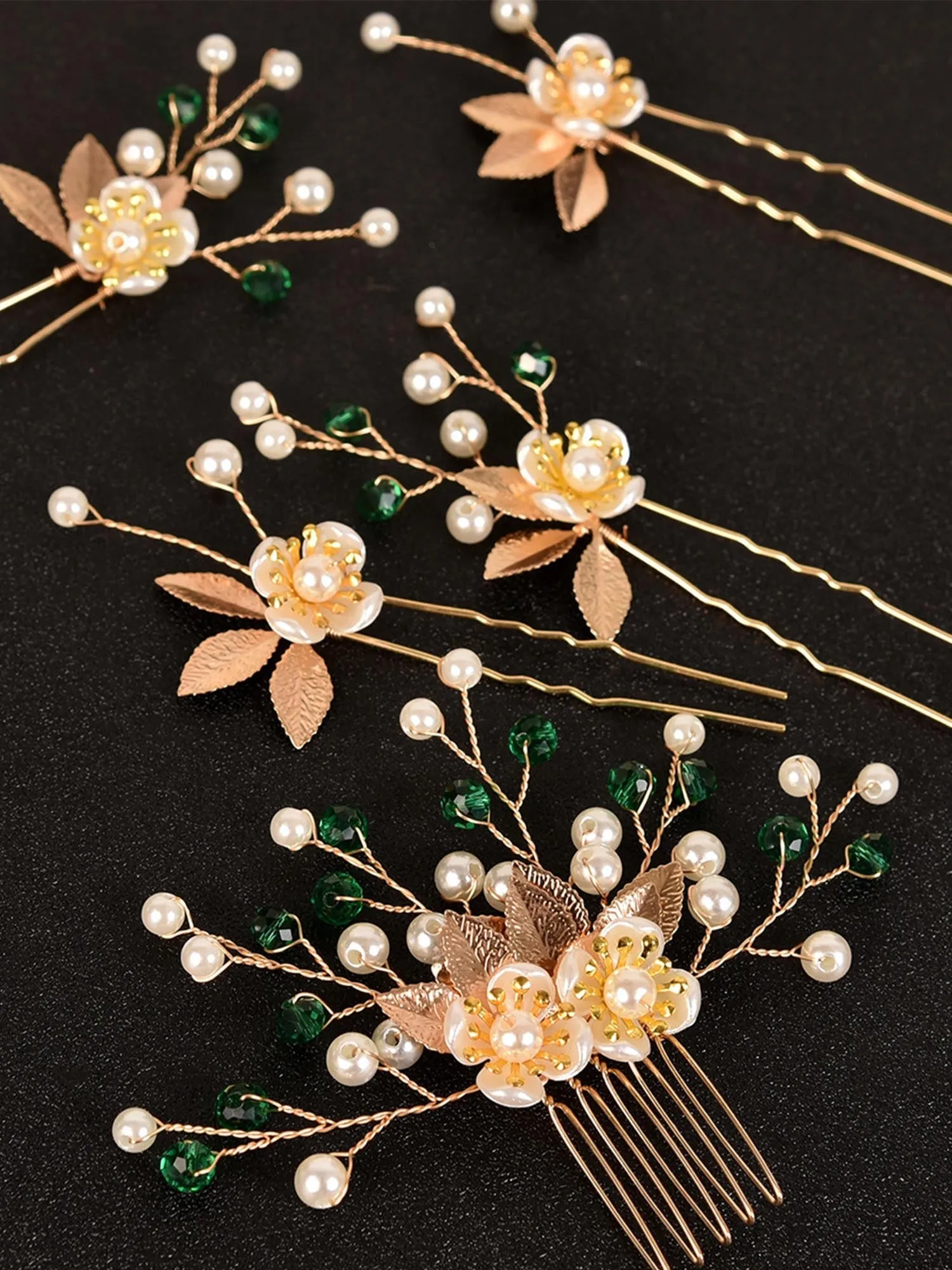 5pcs Gold Leaf Flower Pearl Hair Forks