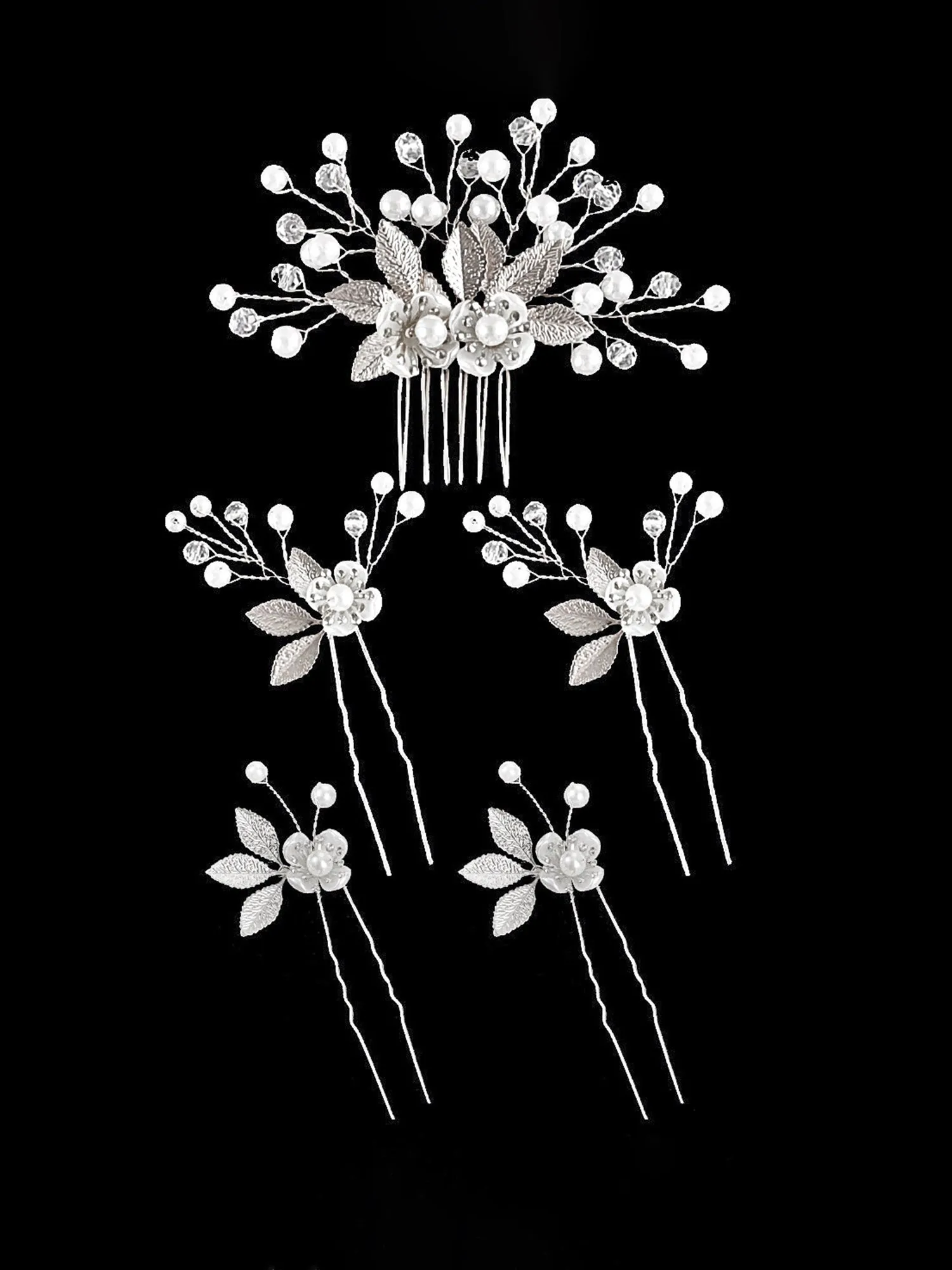 5pcs Gold Leaf Flower Pearl Hair Forks