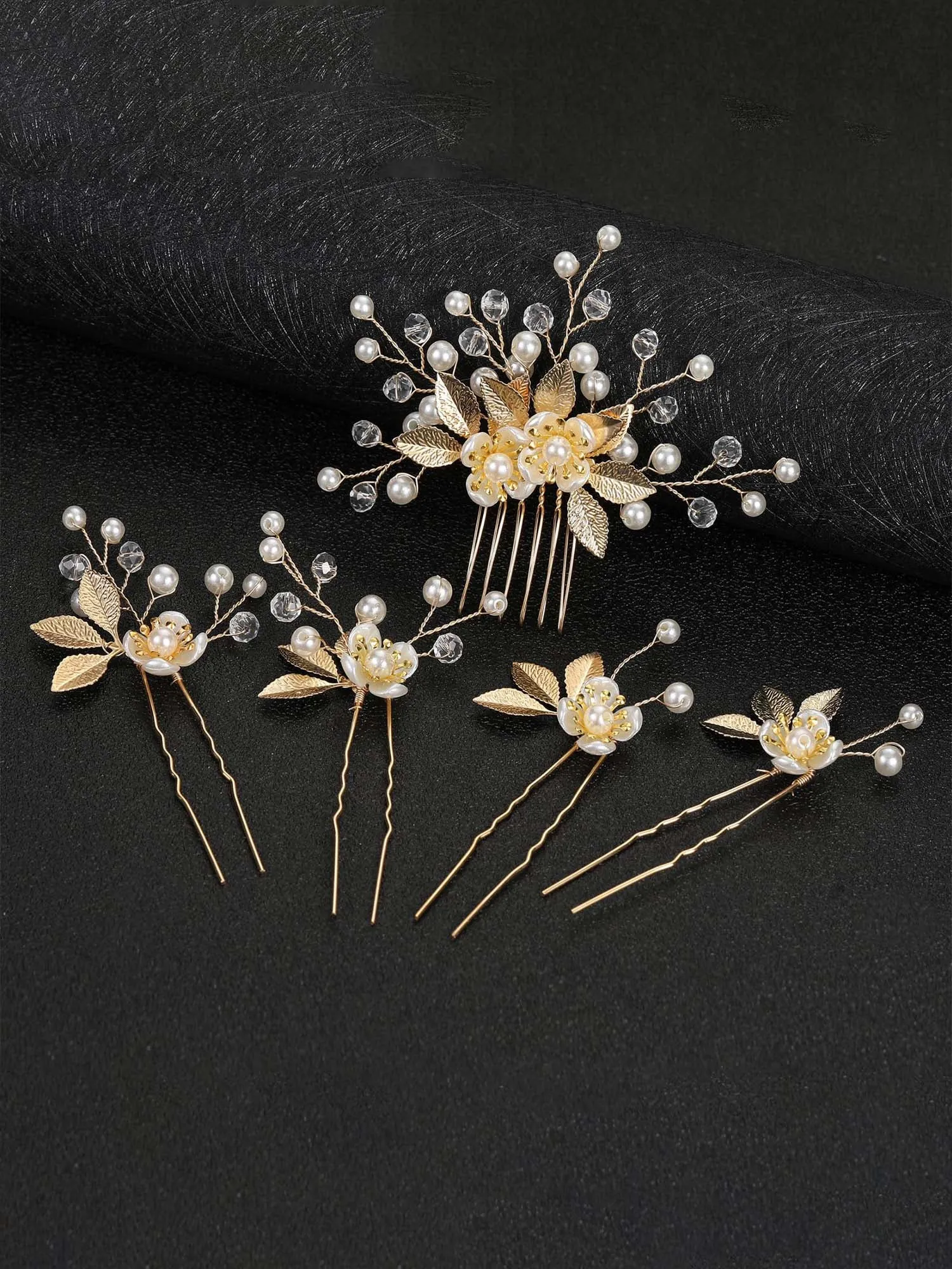 5pcs Gold Leaf Flower Pearl Hair Forks