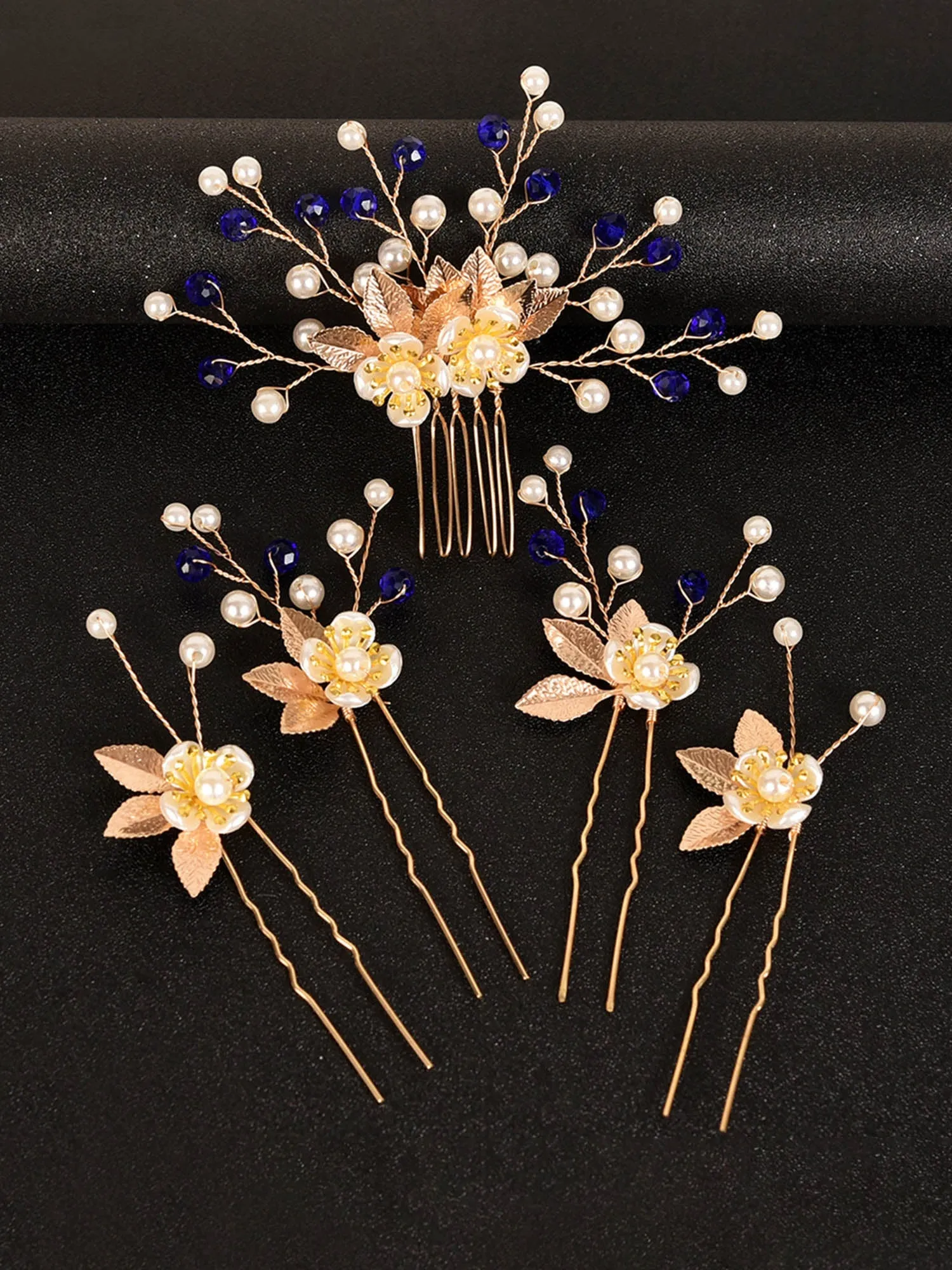 5pcs Gold Leaf Flower Pearl Hair Forks