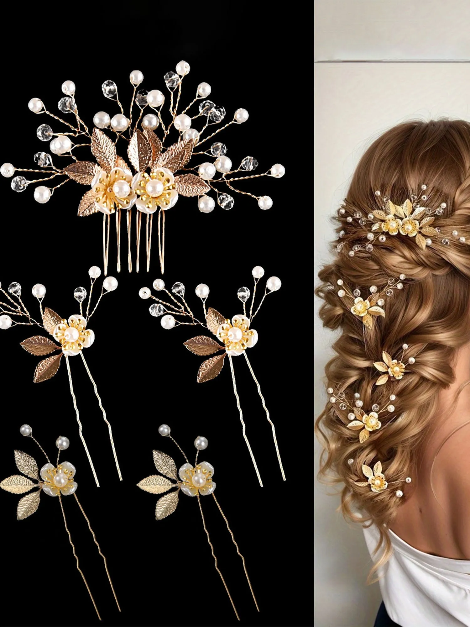 5pcs Gold Leaf Flower Pearl Hair Forks