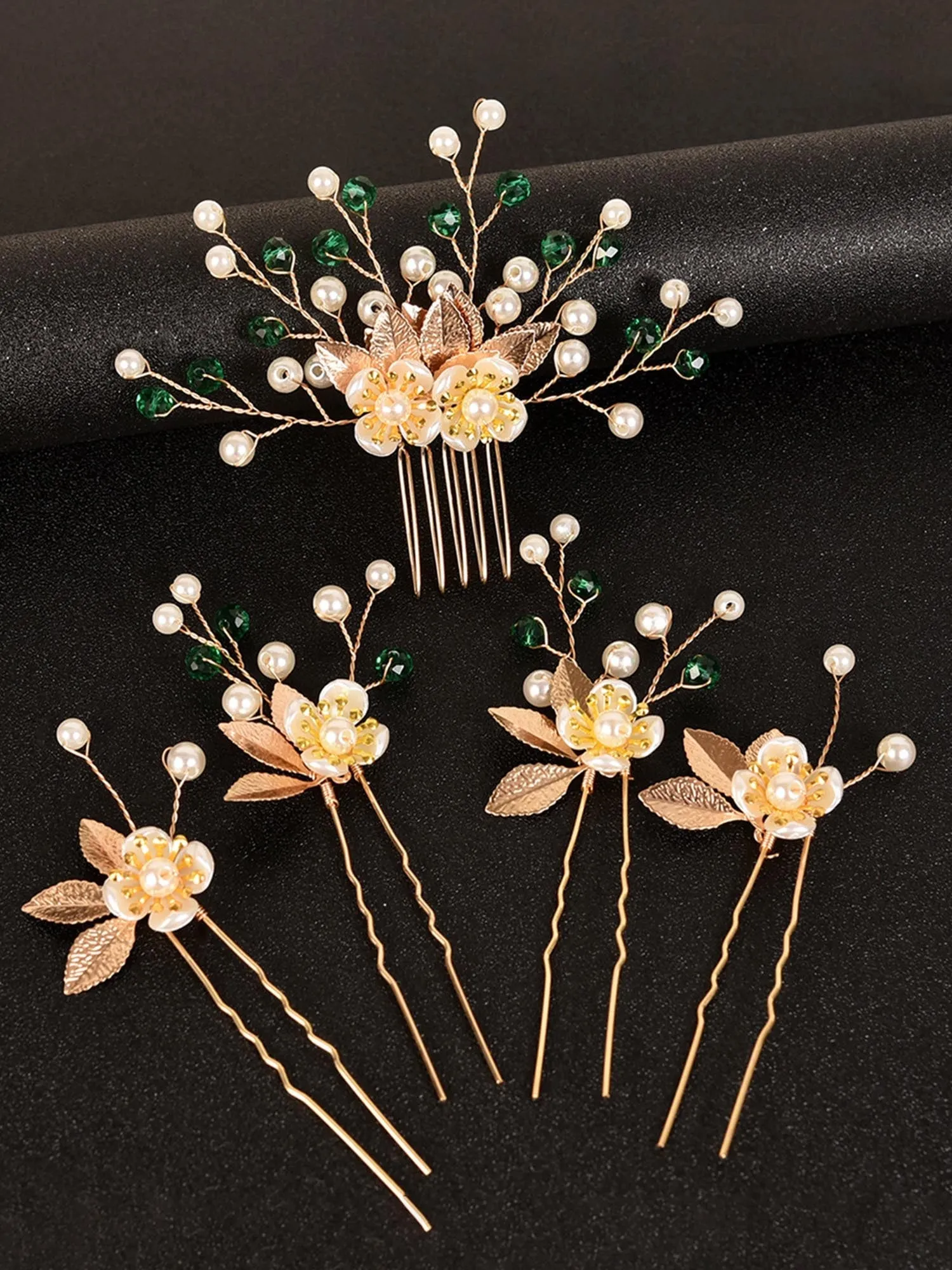 5pcs Gold Leaf Flower Pearl Hair Forks