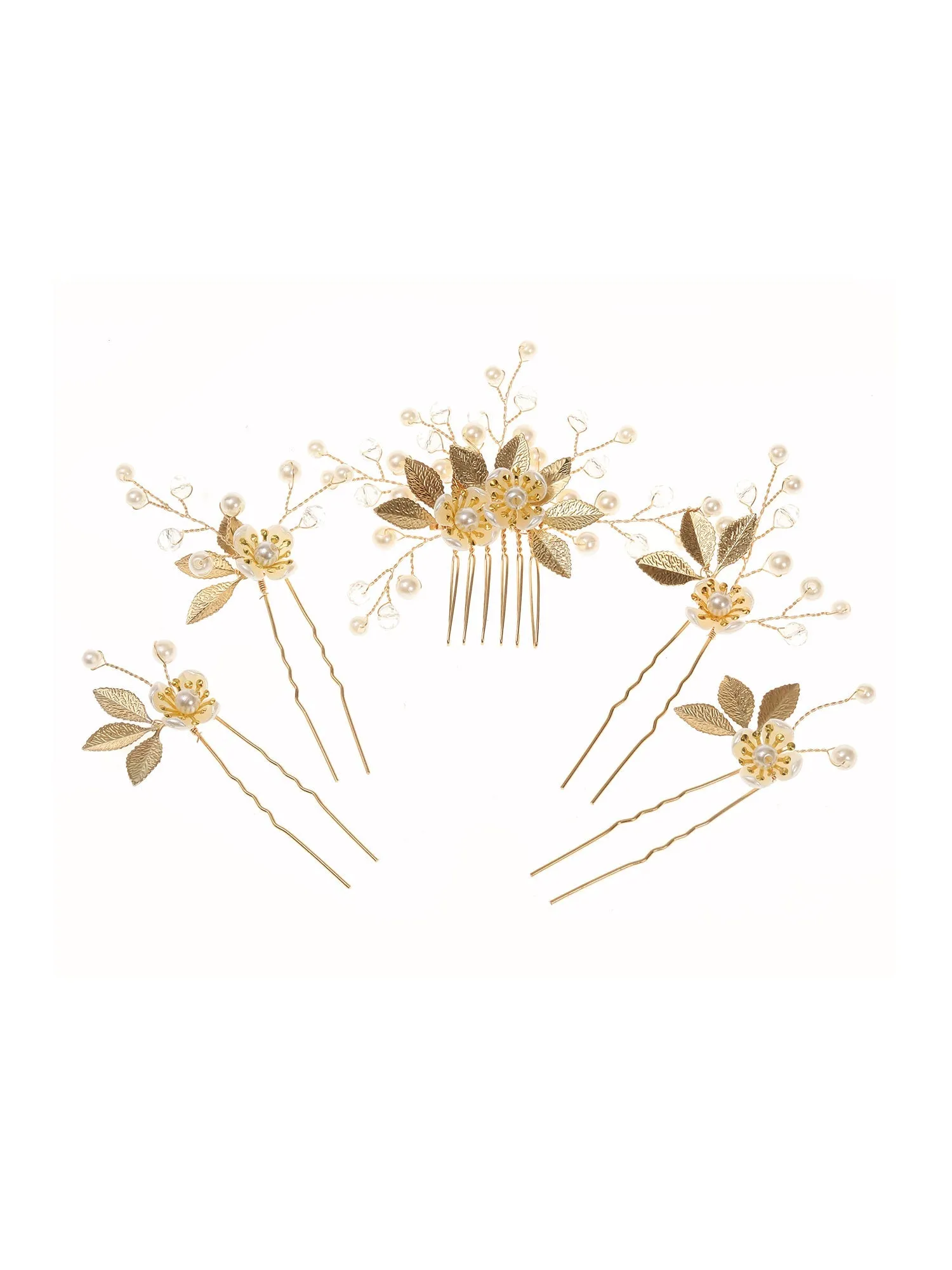 5pcs Gold Leaf Flower Pearl Hair Forks