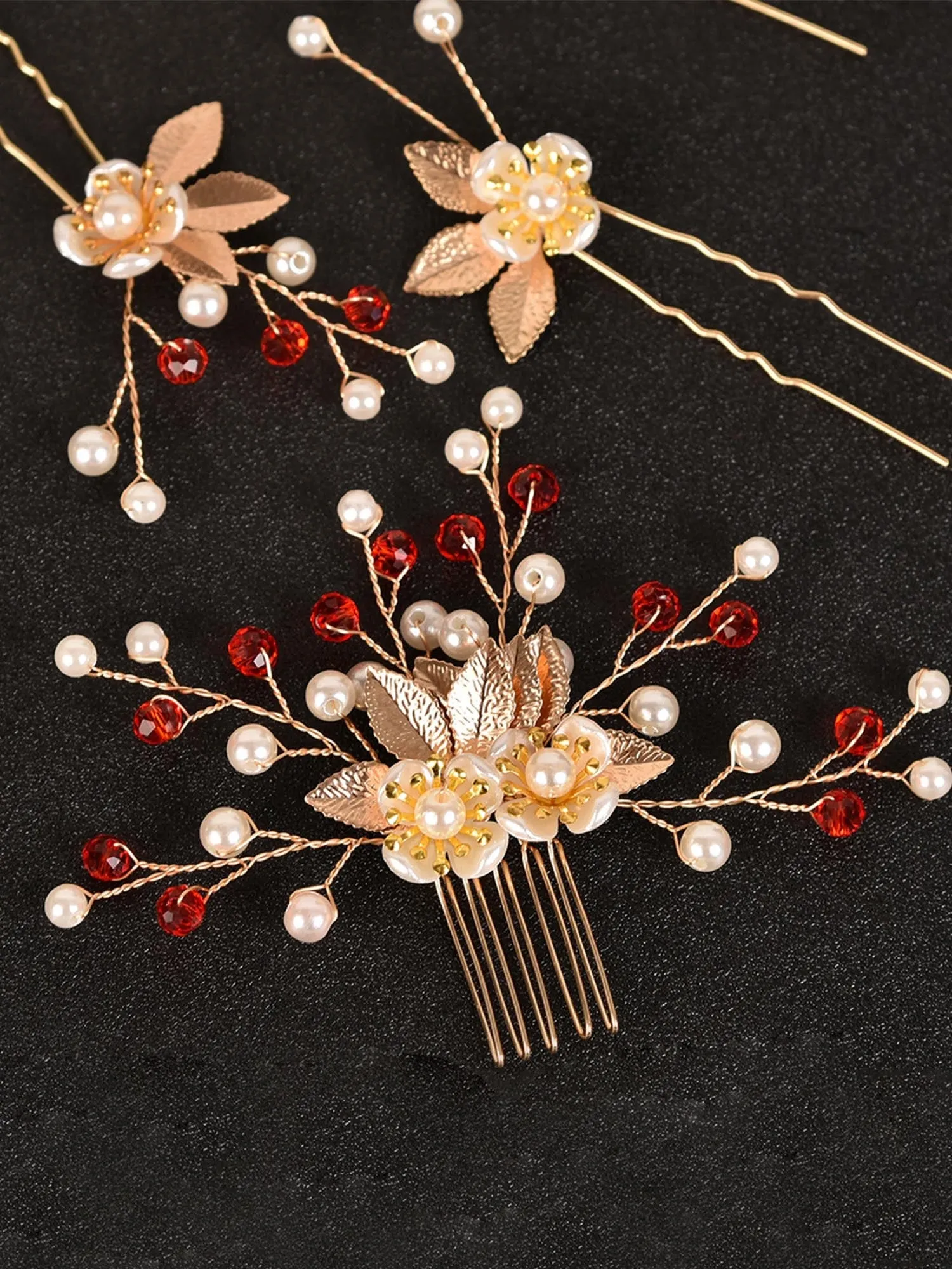 5pcs Gold Leaf Flower Pearl Hair Forks