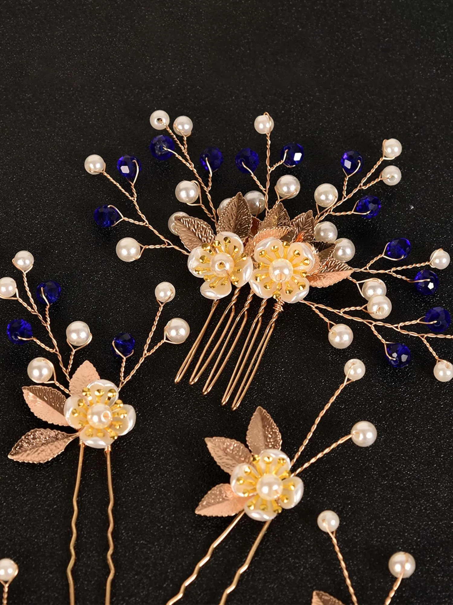 5pcs Gold Leaf Flower Pearl Hair Forks