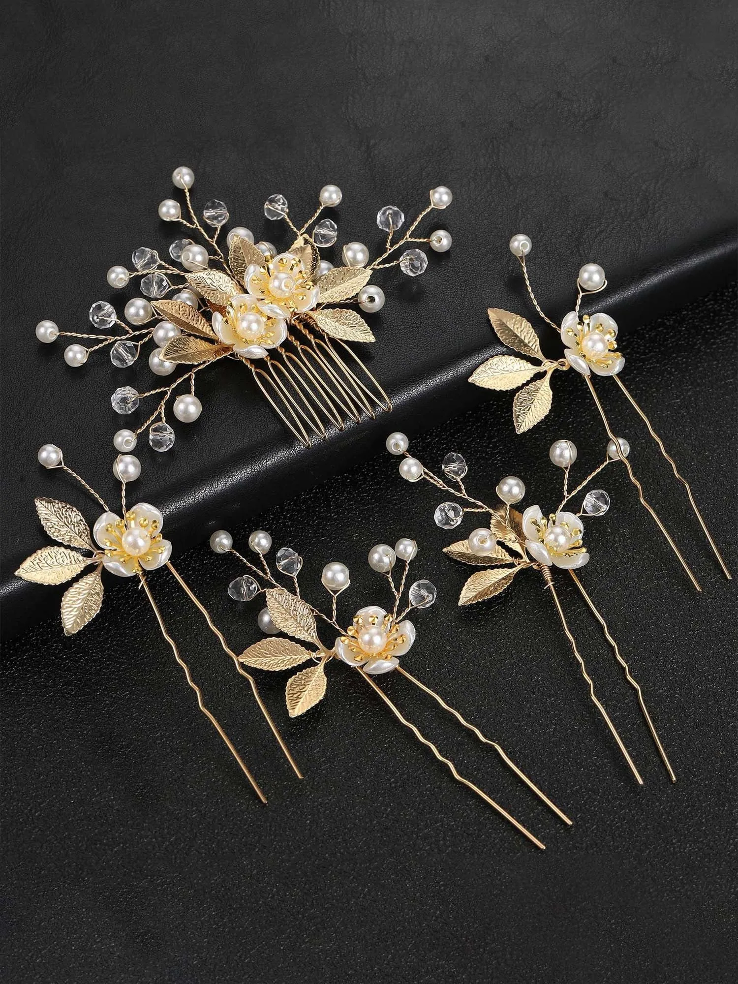 5pcs Gold Leaf Flower Pearl Hair Forks