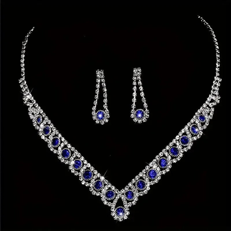 5pcs SILVER  Blue Jewelry Set l Rhinestone Earrings l Necklace l Bracelet l Prom l Wedding  JS-922
