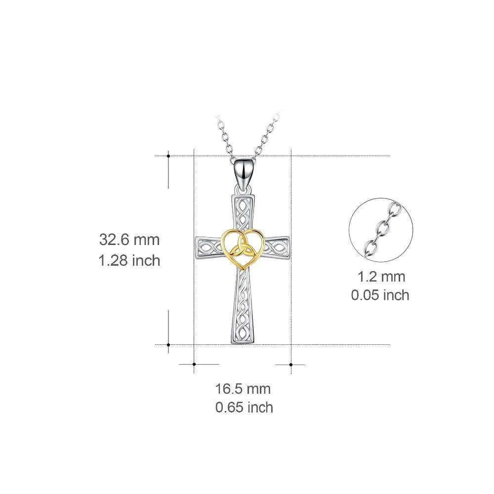 925 Sterling Silver Two-Tone Silver and Gold Knot Heart and Cross Pendant Necklace