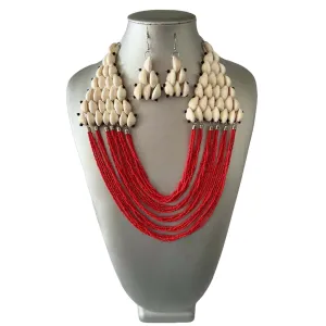African Tribal Cowrie Shell Necklace Set with Beaded Layers