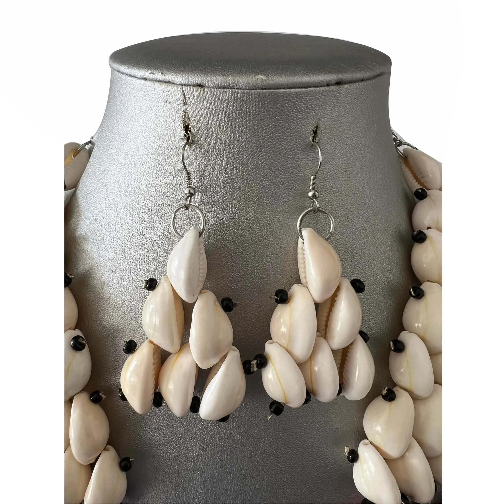 African Tribal Cowrie Shell Necklace Set with Beaded Layers