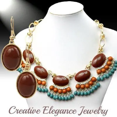 Beads and Rhinestone, Fringe Statement Necklace & Earrings Set