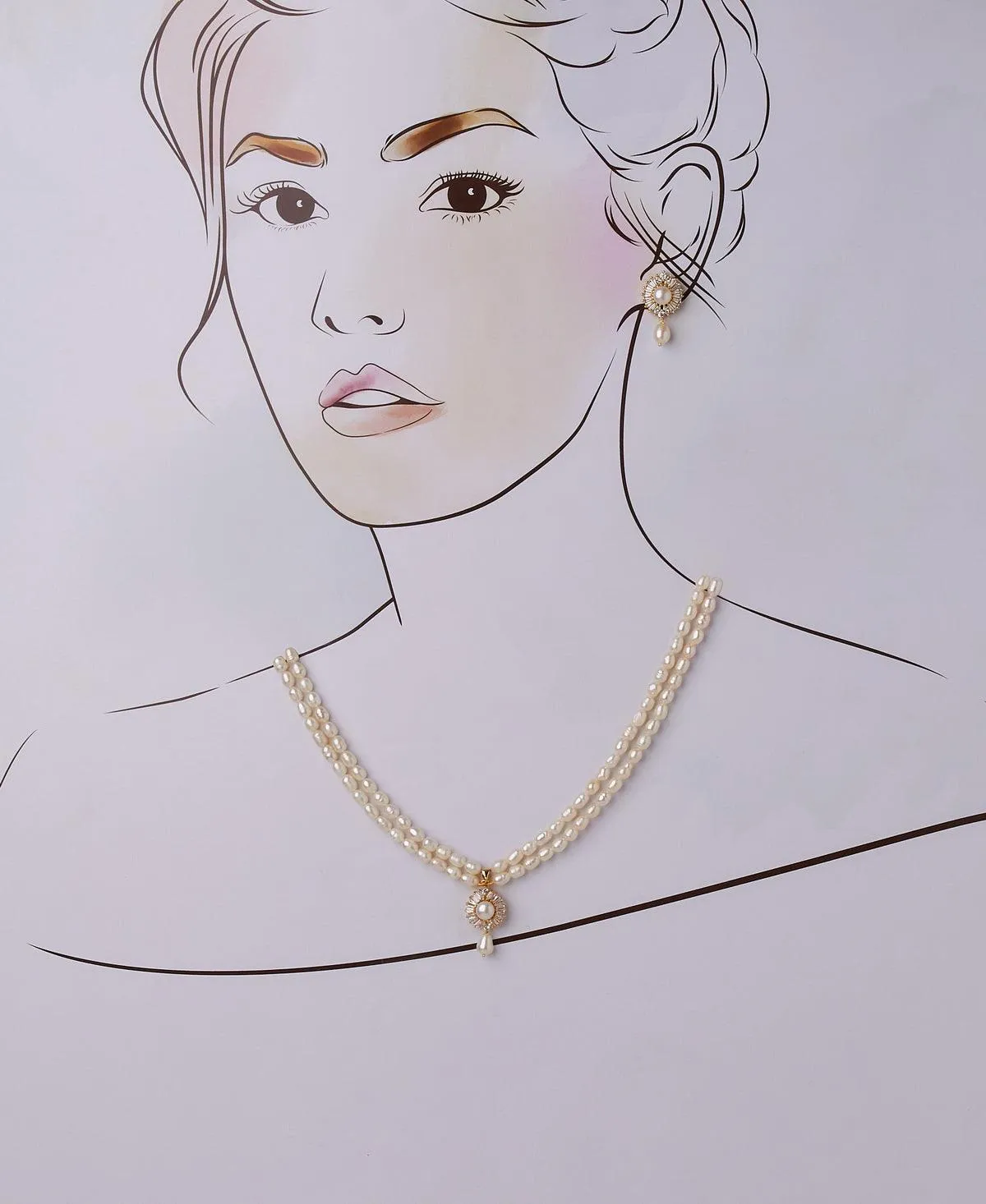 Beautiful Stone Studded Pearl Necklace Set