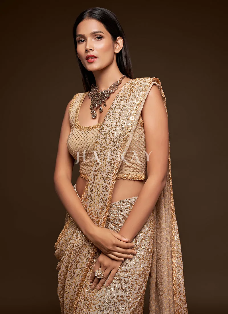 Beige Golden Sequins Embroidery Georgette Saree