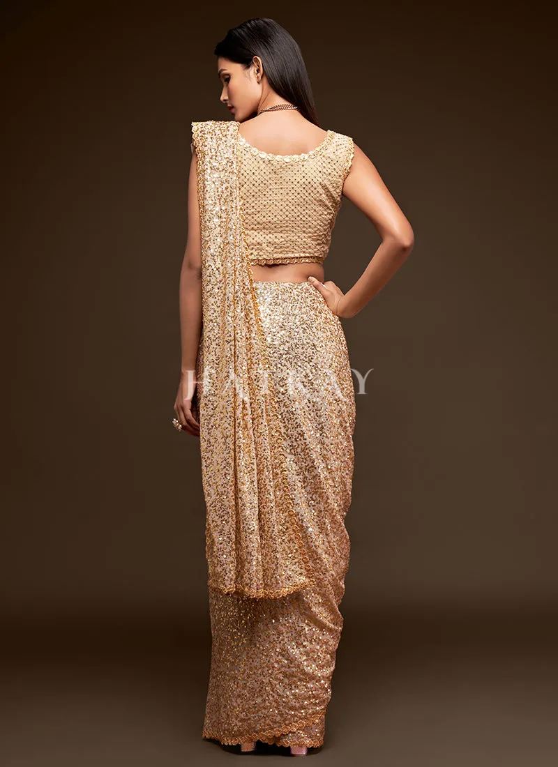 Beige Golden Sequins Embroidery Georgette Saree
