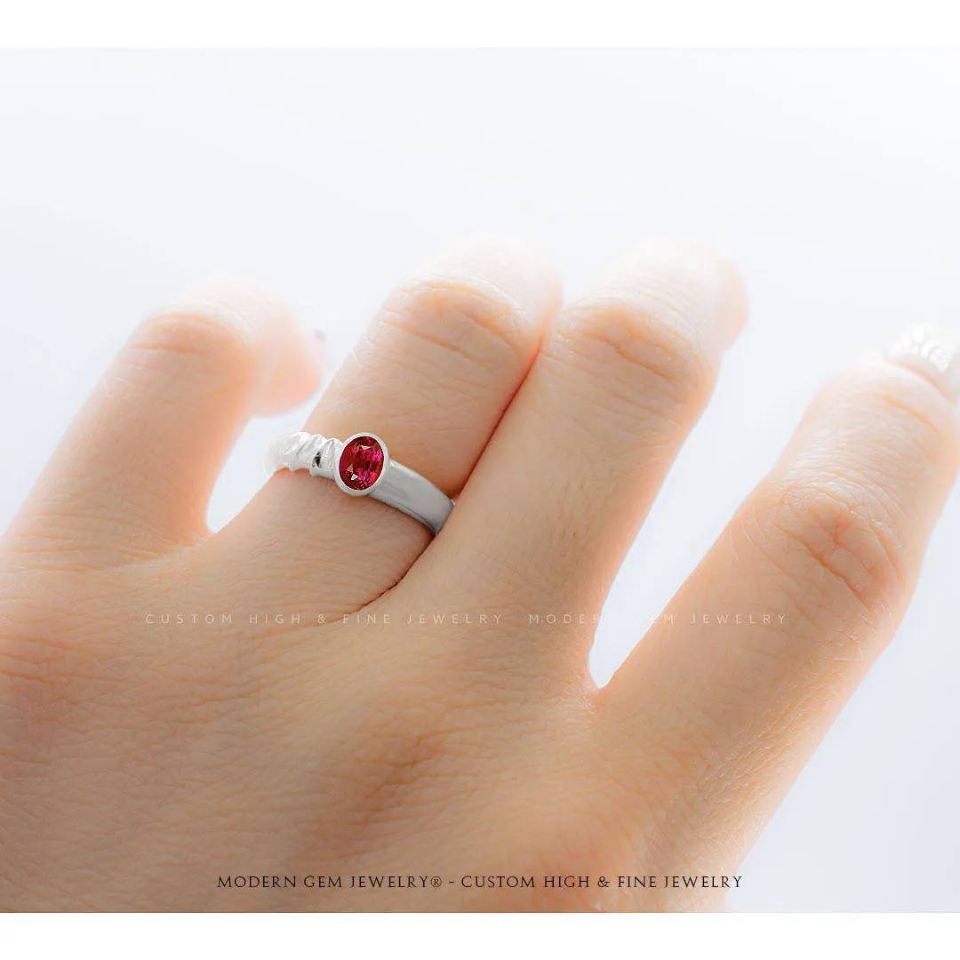 Bezel Set Oval Ruby 18K White Gold Ring