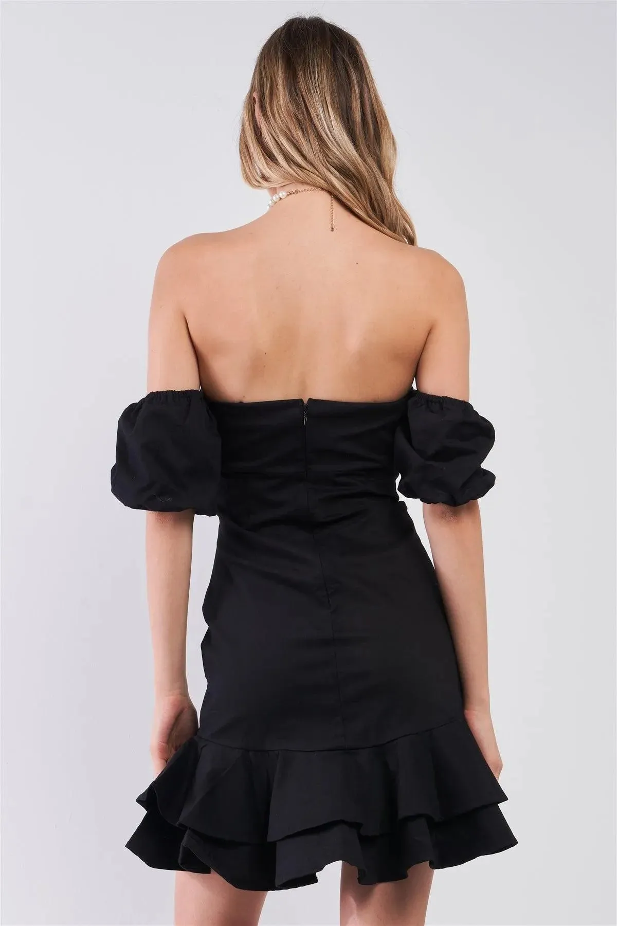Black Sweetheart Neck Off-The-Shoulder Fitted Layered Flare Mini Dress /2-2-2