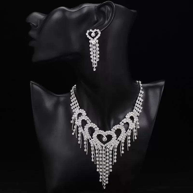 Bling tasseled hearts Necklace and Earring set For Brides and Bridal Party