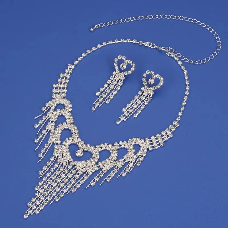 Bling tasseled hearts Necklace and Earring set For Brides and Bridal Party