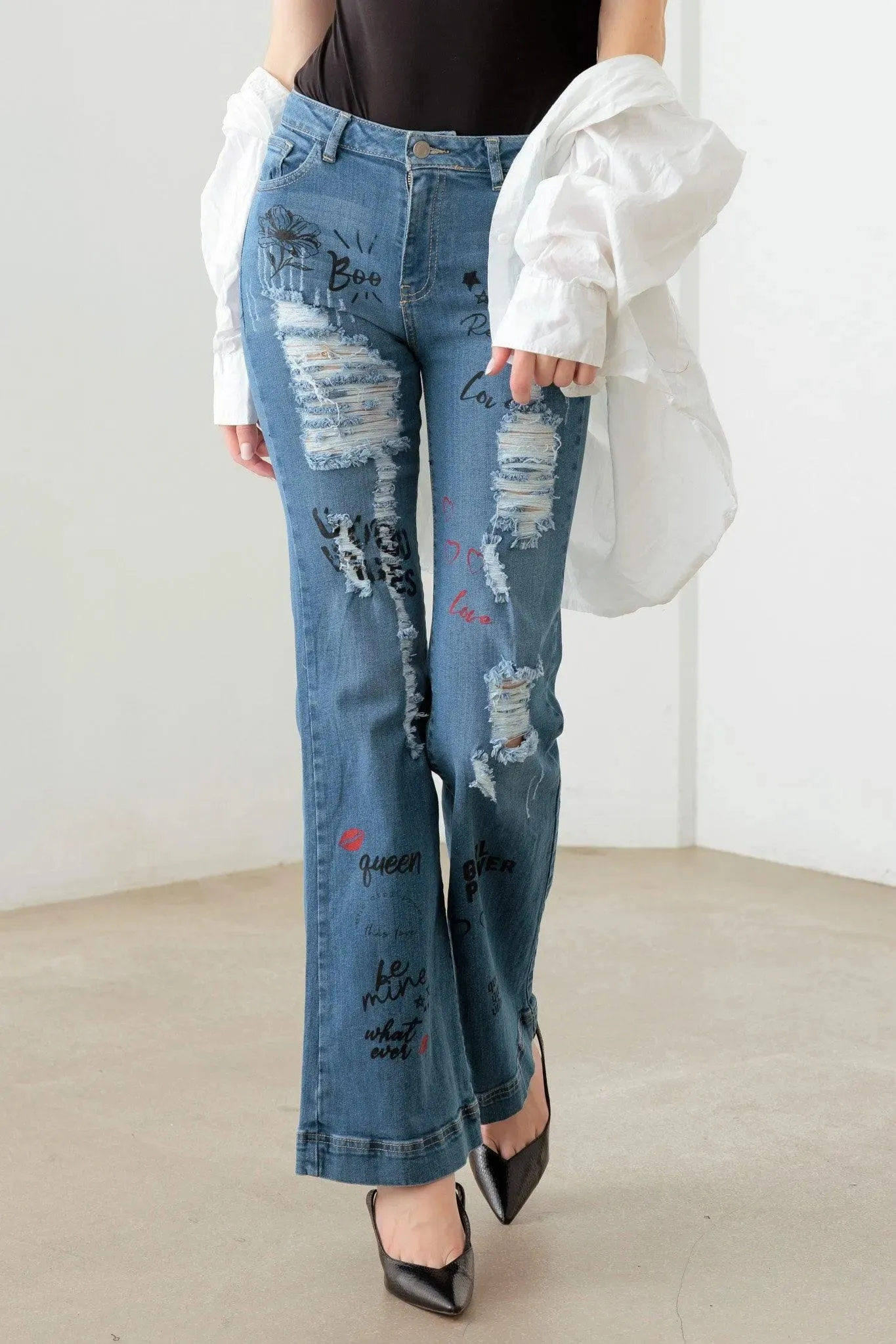 Blue Mid Waist Slogan Graphic Print Flare Jeans
