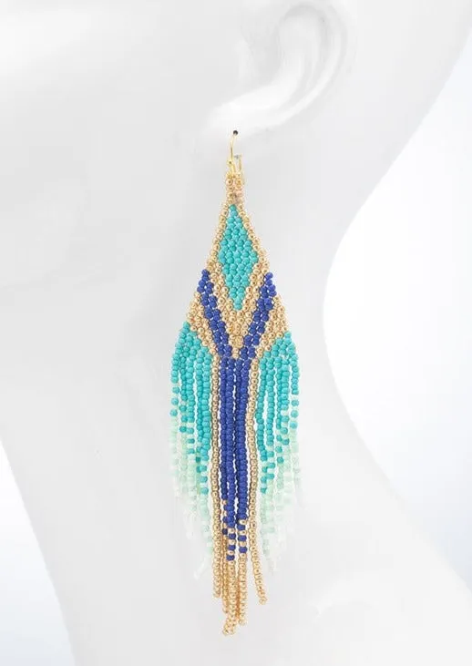 Boho Seed Beaded Fringe Earrings in Blue