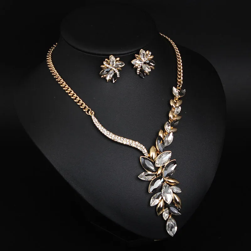 Bridal Wedding Party Jewelry Sets Luxury Rhinestone Shiny Earrings for Women Glitter Crystal Necklace
