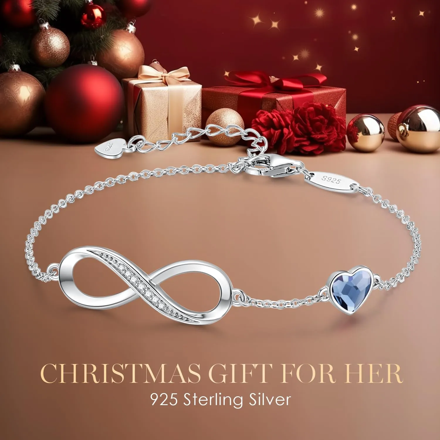 CDE Infinity Heart Symbol Charm Link Bracelet for Women 925 Sterling Silver Stainless Steel Adjustable Mother's Day Gift Anniversary Jewelry Christmas Birthday Gifts for Women Wife Girlfriend Her (Sliver-Blue, Sterling Silver)
