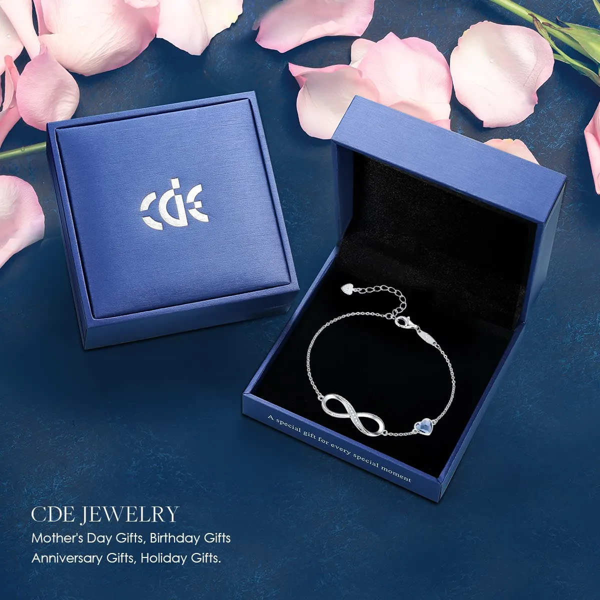 CDE Infinity Heart Symbol Charm Link Bracelet for Women 925 Sterling Silver Stainless Steel Adjustable Mother's Day Gift Anniversary Jewelry Christmas Birthday Gifts for Women Wife Girlfriend Her (Sliver-Blue, Sterling Silver)